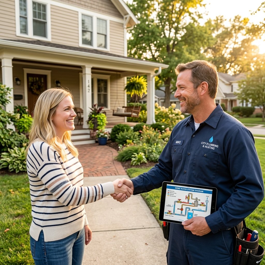 Licensed Garden Grove plumber smiling and shaking hands with happy homeowner at front door