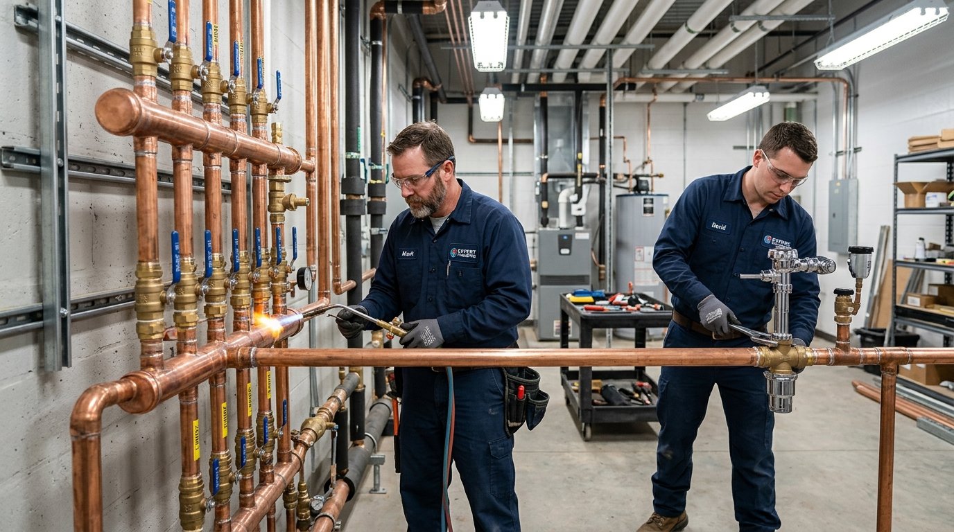 Licensed commercial plumber testing commercial backflow preventer assembly in Garden Grove, CA