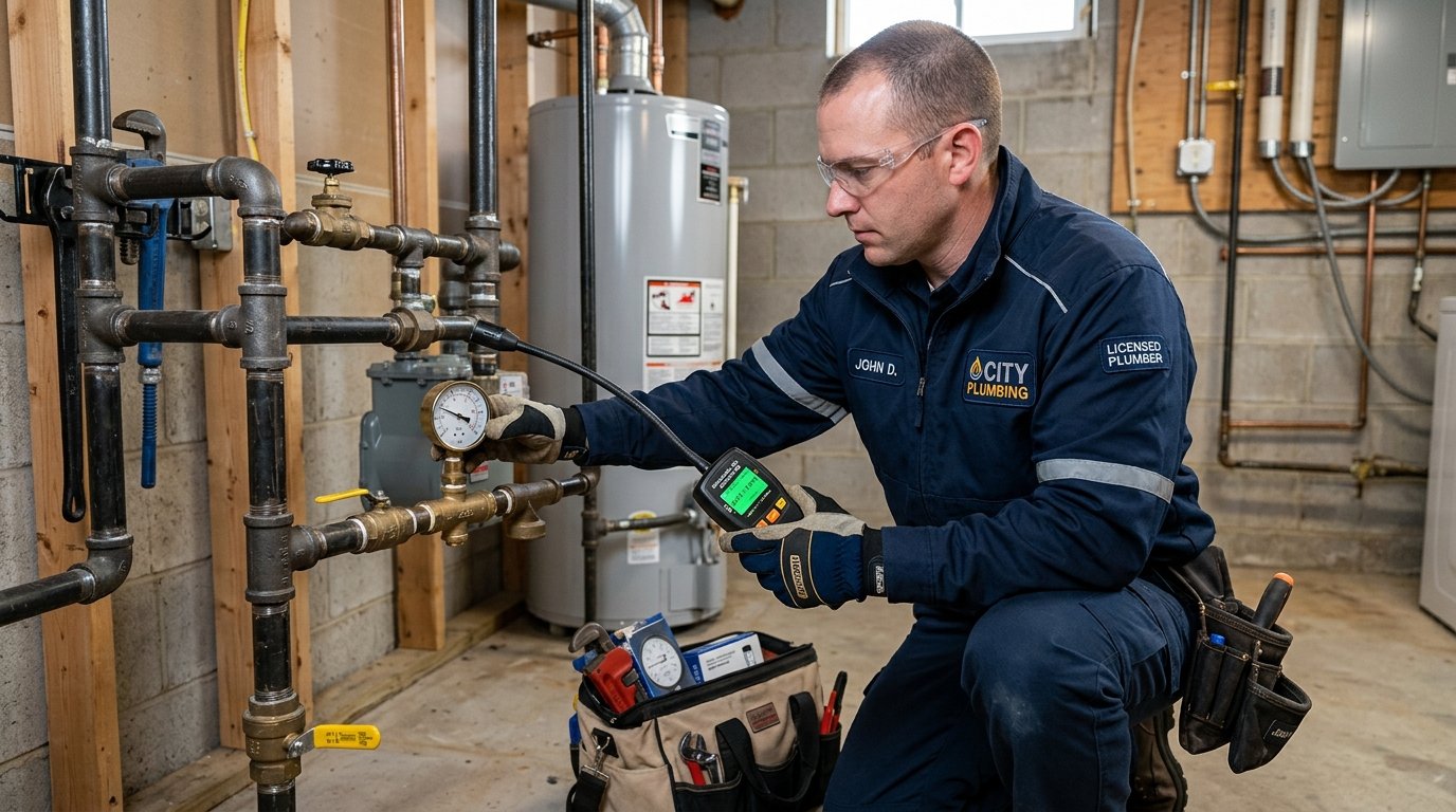 Certified gas plumber testing line pressure with manometer in Garden Grove, CA