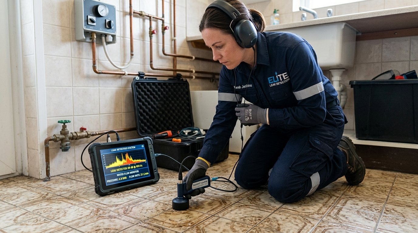 Plumber using acoustic ground microphone for slab leak detection in Garden Grove, CA