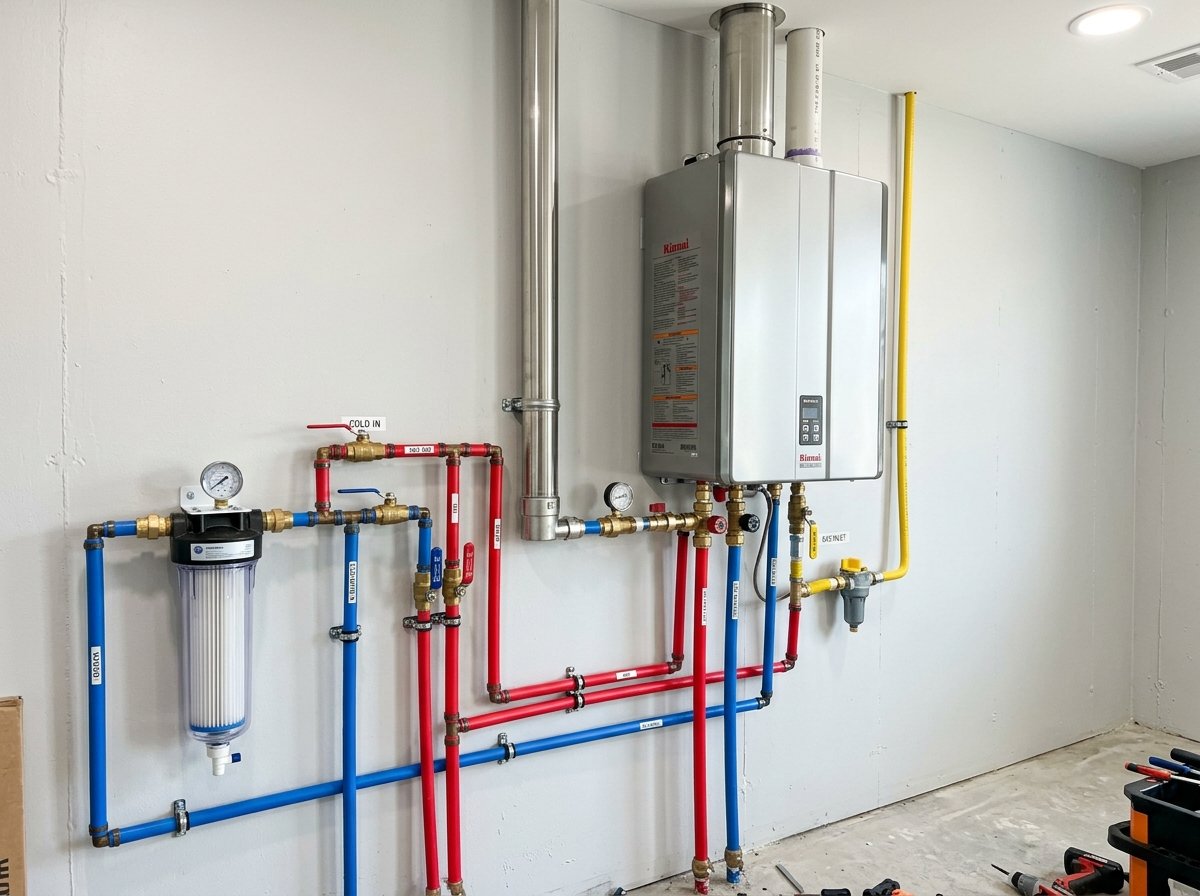 Licensed water heater technician inspecting tankless installation in Garden Grove, CA